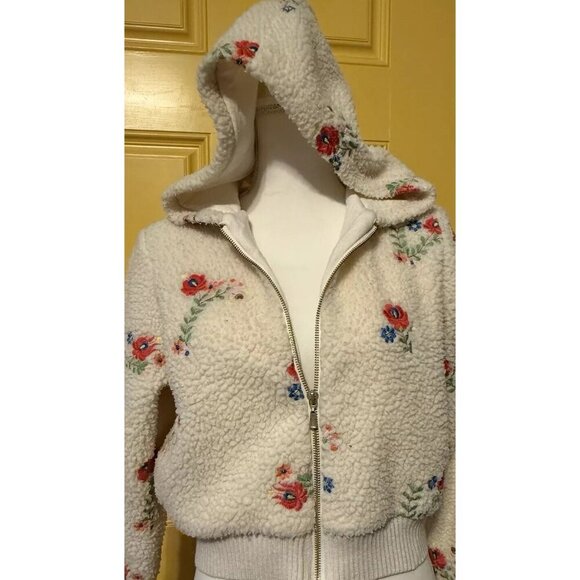 Urban Outfitter Sherpa Jacket Medium Nature Flower Hood Ribbed Waistband Zipper - Picture 4 of 15